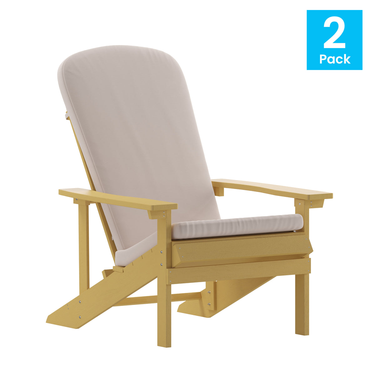 Yellow/Cream |#| Indoor/Outdoor Yellow Adirondack Chairs with Cream Cushions - Set of 2