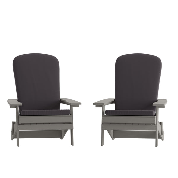 Gray |#| Indoor/Outdoor Gray Folding Adirondack Chairs with Gray Cushions - Set of 2