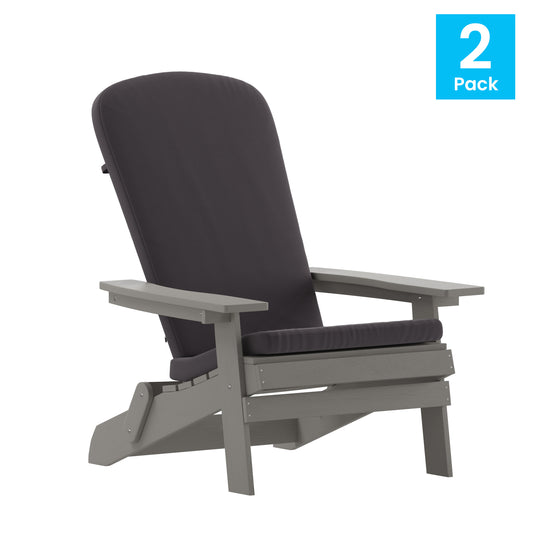 Charlestown Set of 2 All-Weather Poly Resin Indoor/Outdoor Folding Adirondack Chairs with Cushions for Deck, Porch, and Patio
