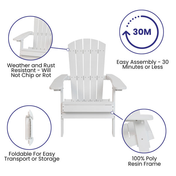 White/Gray |#| Indoor/Outdoor White Folding Adirondack Chairs with Gray Cushions - Set of 2