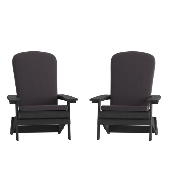Black/Gray |#| Indoor/Outdoor Black Folding Adirondack Chairs with Gray Cushions - Set of 2