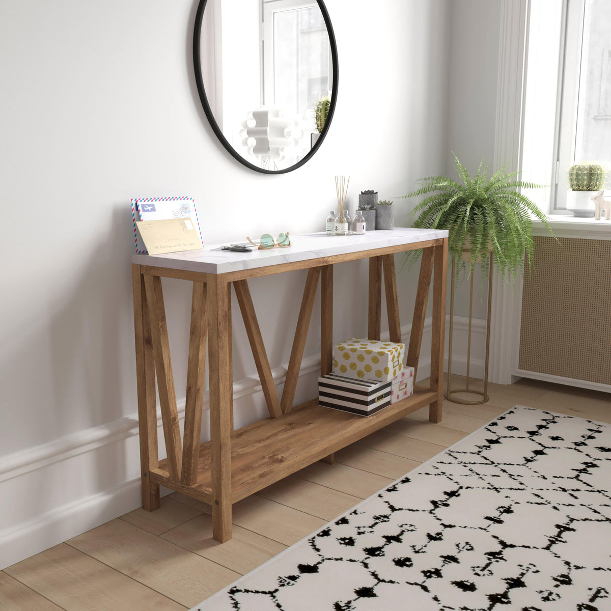 Marble Top/Warm Oak Frame |#| Farmhouse Style Rustic Entryway Console Table - Warm Oak/Marble Finish Top