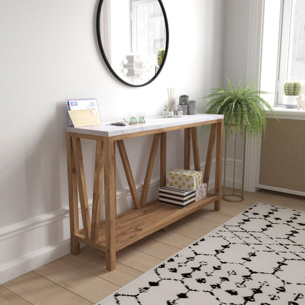 Marble Top/Warm Oak Frame |#| Farmhouse Style Rustic Entryway Console Table - Warm Oak/Marble Finish Top