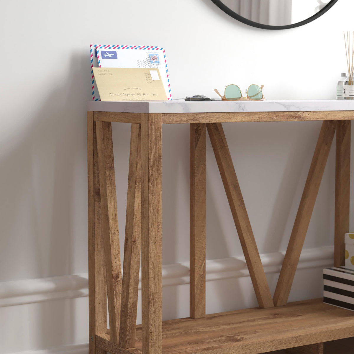 Marble Top/Warm Oak Frame |#| Farmhouse Style Rustic Entryway Console Table - Warm Oak/Marble Finish Top