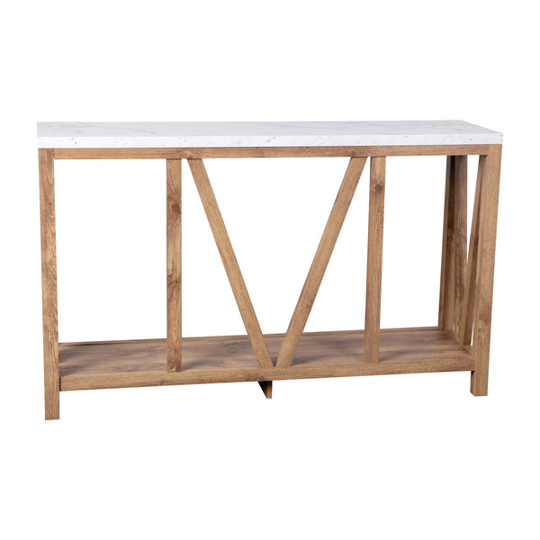 Marble Top/Warm Oak Frame |#| Farmhouse Style Rustic Entryway Console Table - Warm Oak/Marble Finish Top