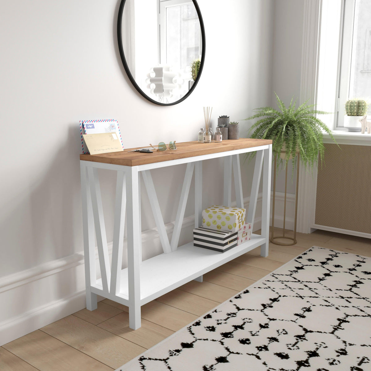 Warm Oak Top/White Frame |#| Farmhouse Style Rustic Entryway Console Table - White/Warm Oak Finish Top