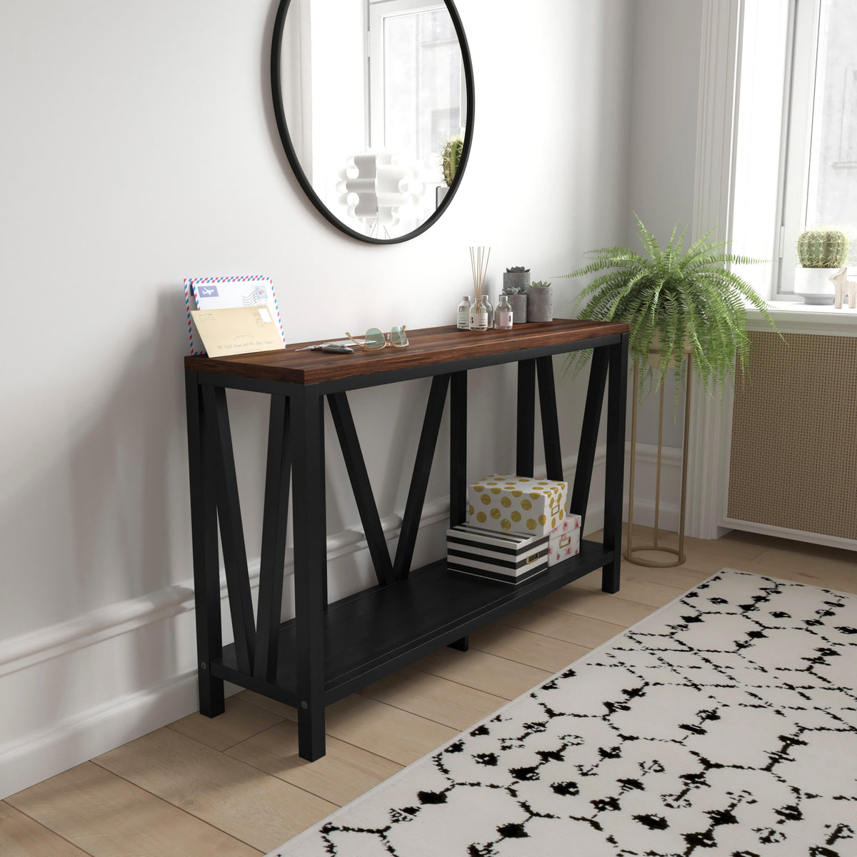 Walnut Top/Black Frame |#| Farmhouse Style Rustic Entryway Console Table - Black/Walnut Finish Top