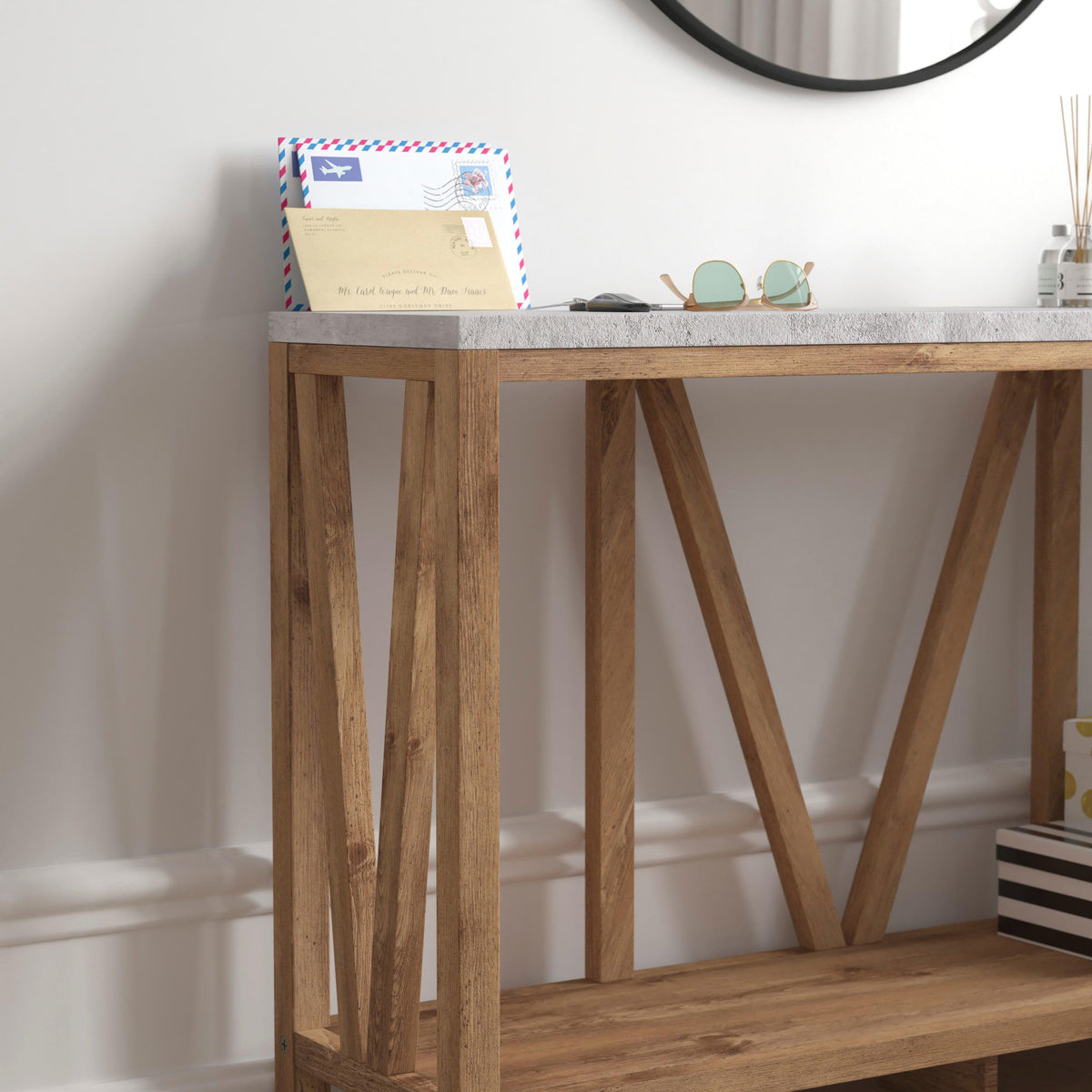 Concrete Top/Warm Oak Frame |#| Farmhouse Style Rustic Entryway Console Table - Warm Oak/Concrete Finish Top