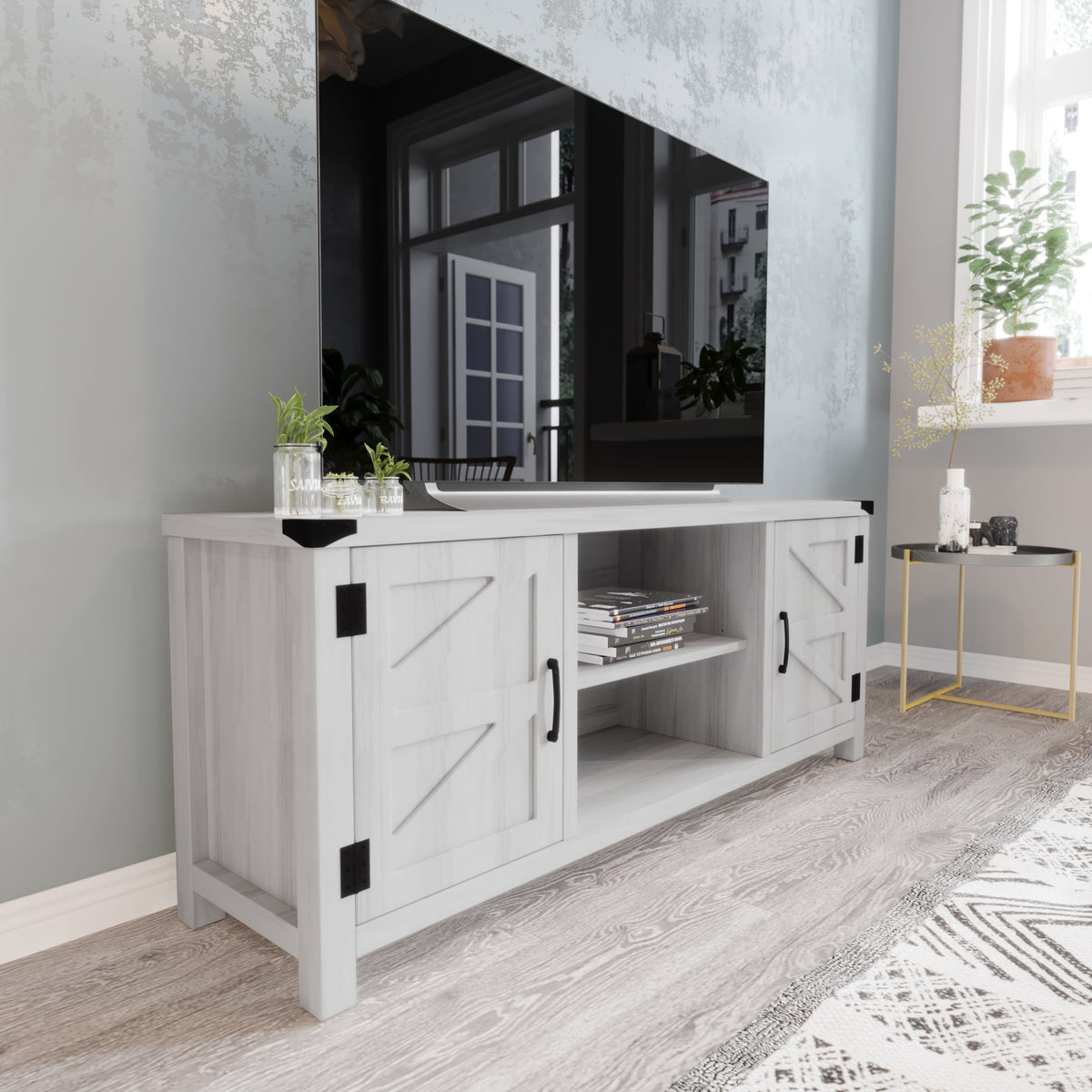Light Gray |#| 58 Inch Barn Door TV Stand Fits up to 65" TV's-LT GY Wash with Adjustable Shelf