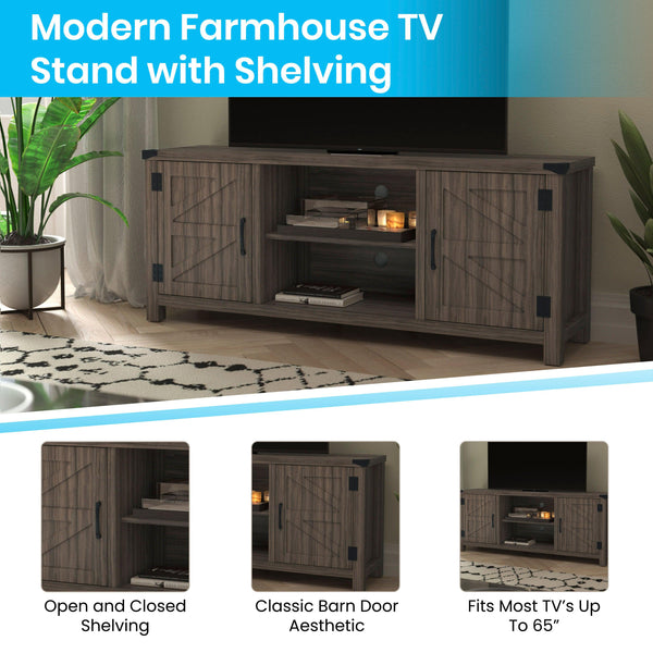 Gray |#| 59 Inch Barn Door TV Stand Fits up to 65" TV's-Gray Wash Oak & Adjustable Shelf