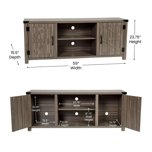 Gray |#| 59 Inch Barn Door TV Stand Fits up to 65" TV's-Gray Wash Oak & Adjustable Shelf