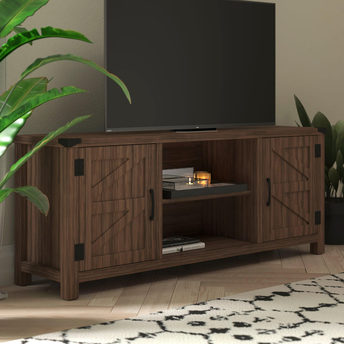 Gray |#| 59 Inch Barn Door TV Stand Fits up to 65" TV's-Gray Wash Oak & Adjustable Shelf