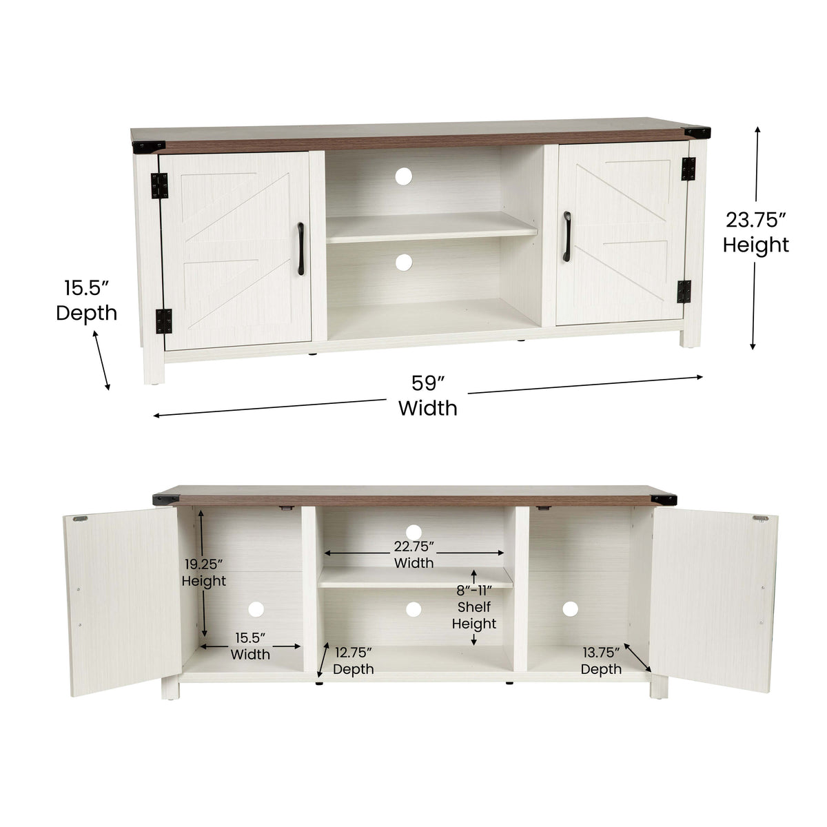 White |#| 59 Inch Barn Door TV Stand Fits up to 65" TV's-White Wash with Adjustable Shelf