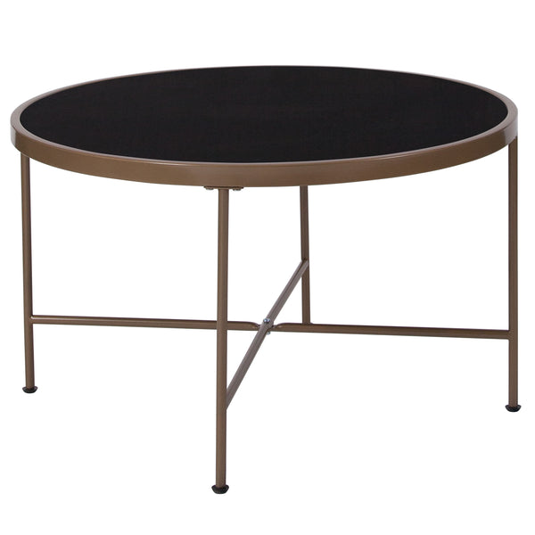 Black Tempered Glass Coffee Table with Matte Gold Frame - Accent Table