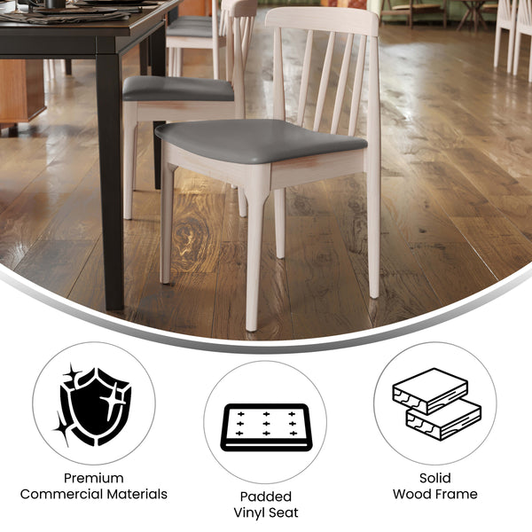 Beige Vinyl Seat/Antique White Wood Frame |#| Commercial Solid Wood Dining Chair with Vinyl Padded Seat - Antique White/Beige