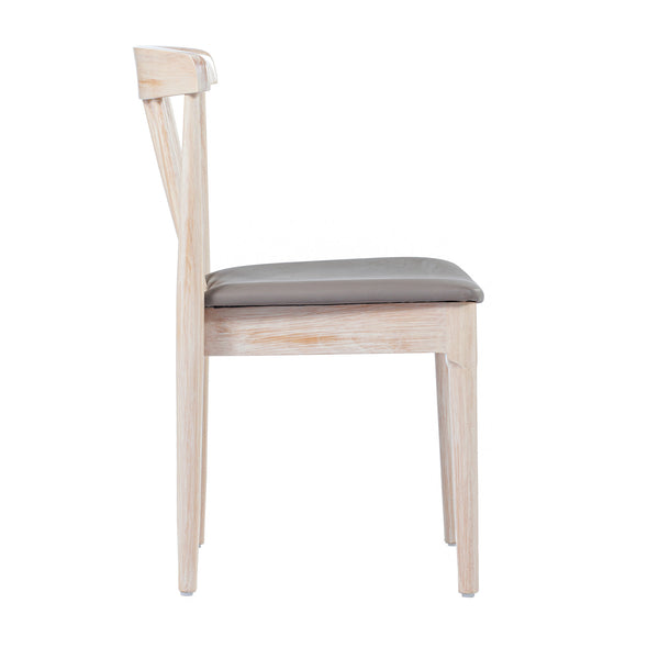 Beige Vinyl Seat/Antique White Wood Frame |#| Commercial Solid Wood Dining Chair with Vinyl Padded Seat - Antique White/Beige