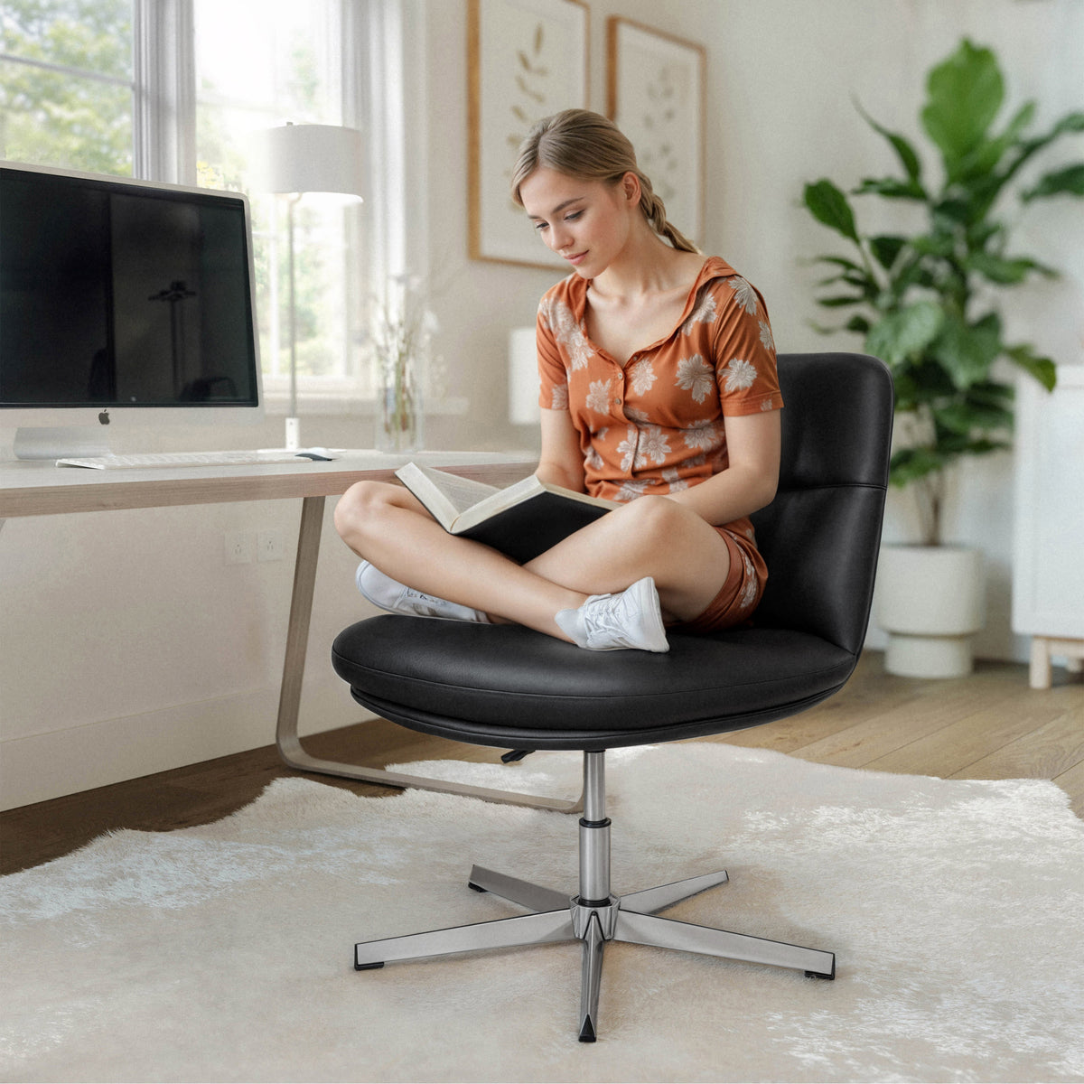 Black LeatherSoft/Chrome Frame |#| Commercial Wide Mid-Back Padded LeatherSoft Swivel Office Chair in Black/Chrome