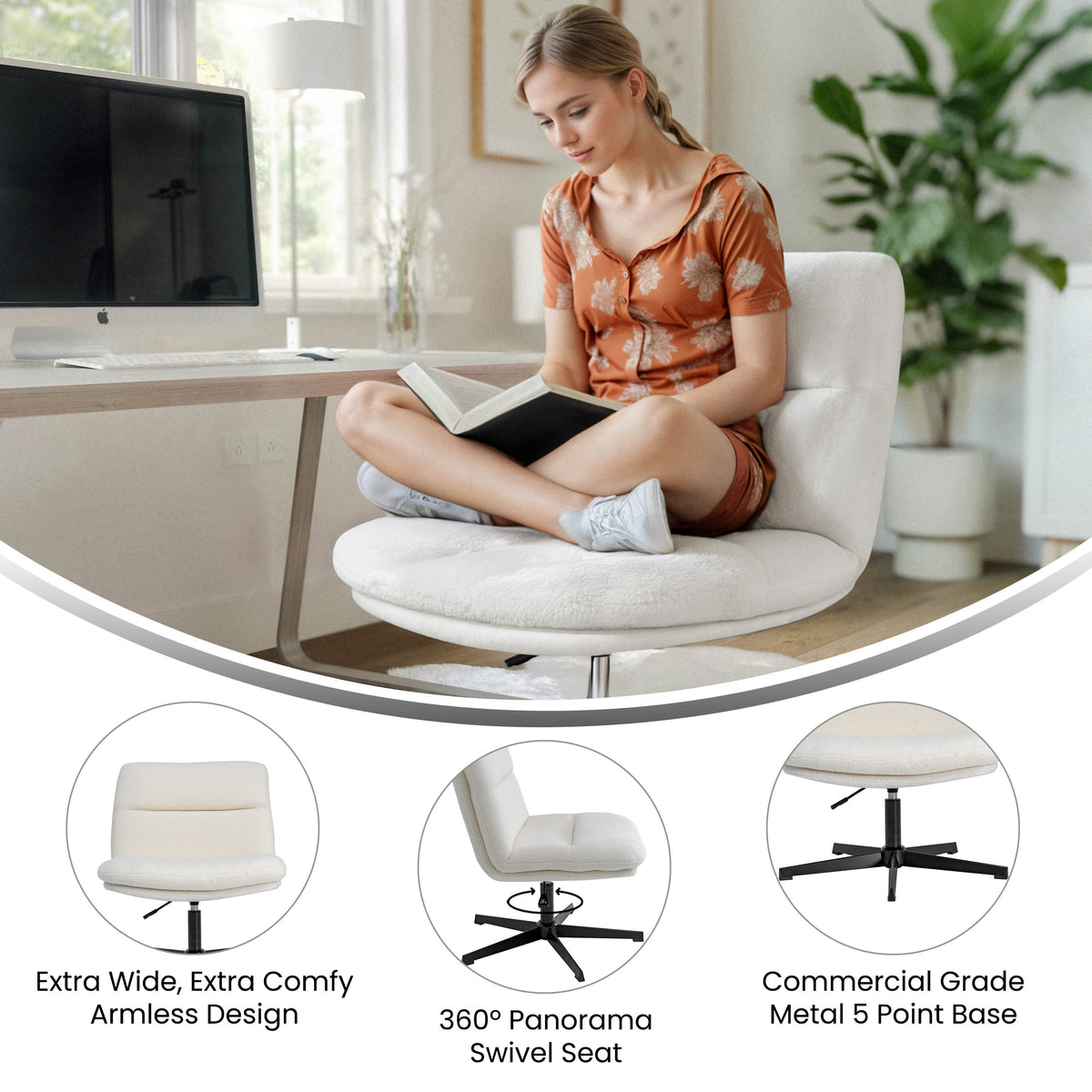 Cream Faux Shearling/Black Frame |#| Commercial Wide Mid-Back Padded Faux Shearling Swivel Office Chair in Cream/Blk