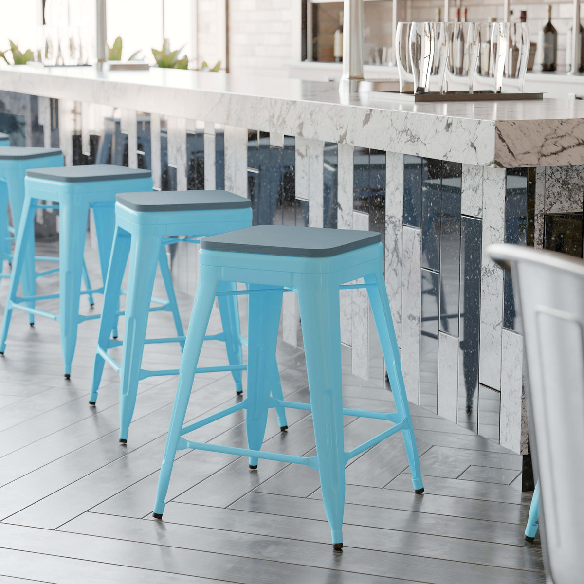 Teal-Blue Resin Wood Seat/Teal Frame |#| All-Weather Teal Commercial Backless Counter Stools-Teal Poly Seat-4 PK