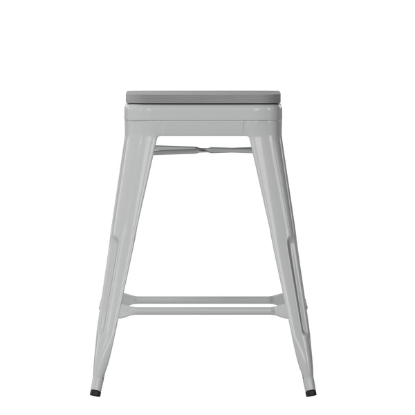 Gray Resin Wood Seat/Silver Frame |#| All-Weather Silver Commercial Backless Counter Stools-Gray Poly Seat-4 PK