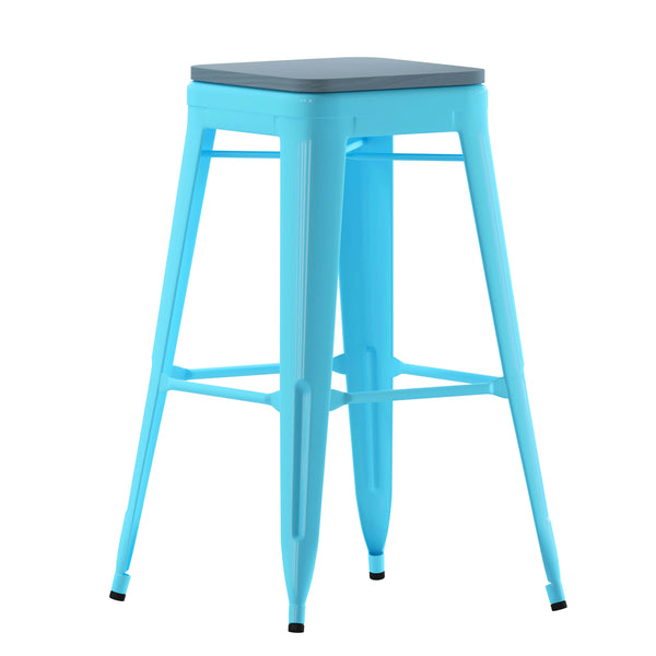 Teal-Blue Resin Wood Seat/Teal Frame |#| All-Weather Teal Commercial Backless Bar Stools-Teal Poly Seat-4 PK