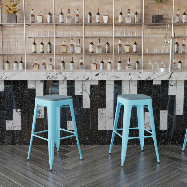 Teal-Blue Resin Wood Seat/Teal Frame |#| All-Weather Teal Commercial Backless Bar Stools-Teal Poly Seat-4 PK
