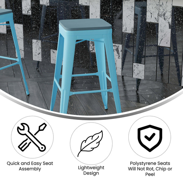 Teal-Blue Resin Wood Seat/Teal Frame |#| All-Weather Teal Commercial Backless Bar Stools-Teal Poly Seat-4 PK