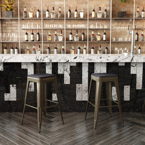 Black Resin Wood Seat/Gun Metal Frame |#| All-Weather GN Commercial Backless Bar Stools-Black Poly Seat-4 PK