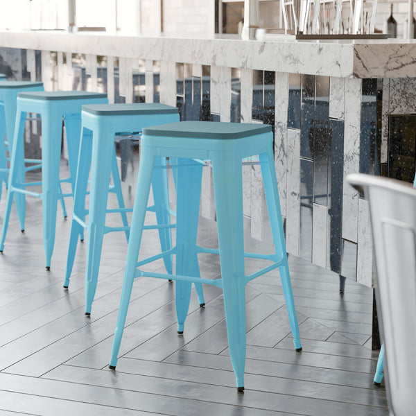 Teal-Blue Resin Wood Seat/Teal Frame |#| All-Weather Teal Commercial Backless Bar Stools-Teal Poly Seat-4 PK