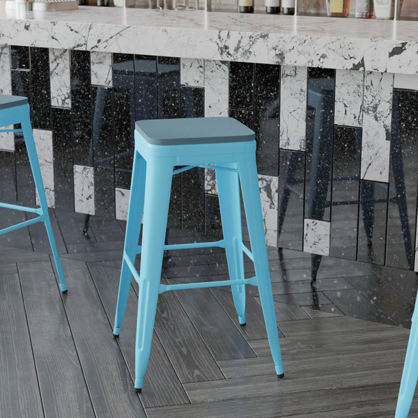 Teal-Blue Resin Wood Seat/Teal Frame |#| All-Weather Teal Commercial Backless Bar Stools-Teal Poly Seat-4 PK