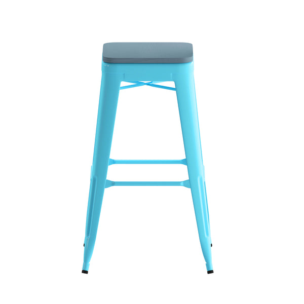 Teal-Blue Resin Wood Seat/Teal Frame |#| All-Weather Teal Commercial Backless Bar Stools-Teal Poly Seat-4 PK