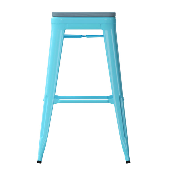 Teal-Blue Resin Wood Seat/Teal Frame |#| All-Weather Teal Commercial Backless Bar Stools-Teal Poly Seat-4 PK