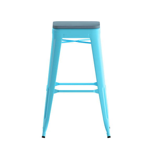 Teal-Blue Resin Wood Seat/Teal Frame |#| All-Weather Teal Commercial Backless Bar Stools-Teal Poly Seat-4 PK
