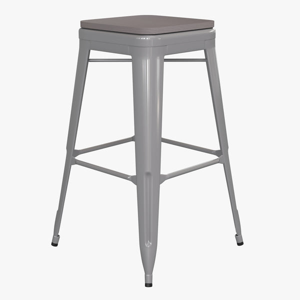 Gray Resin Wood Seat/Silver Frame |#| All-Weather Silver Commercial Backless Bar Stools-Gray Poly Seat-4 PK