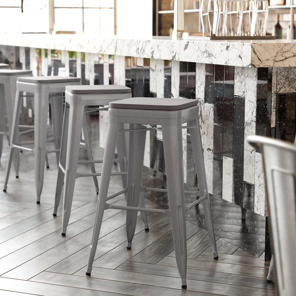 Gray Resin Wood Seat/Silver Frame |#| All-Weather Silver Commercial Backless Bar Stools-Gray Poly Seat-4 PK