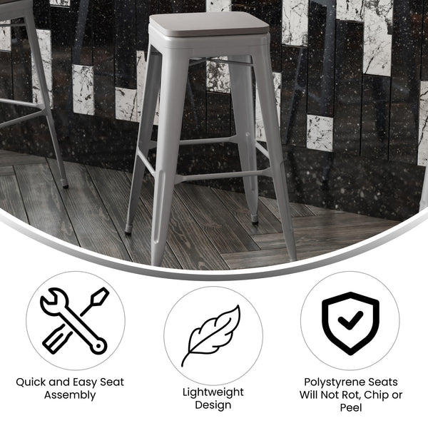 Gray Resin Wood Seat/Silver Frame |#| All-Weather Silver Commercial Backless Bar Stools-Gray Poly Seat-4 PK