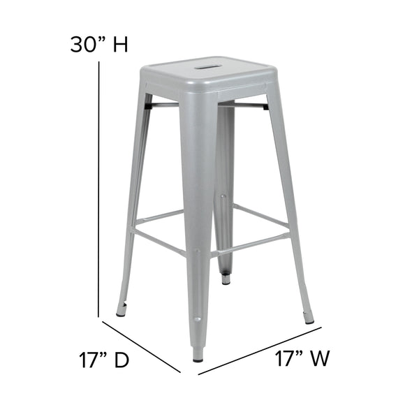 Gray Resin Wood Seat/Silver Frame |#| All-Weather Silver Commercial Backless Bar Stools-Gray Poly Seat-4 PK