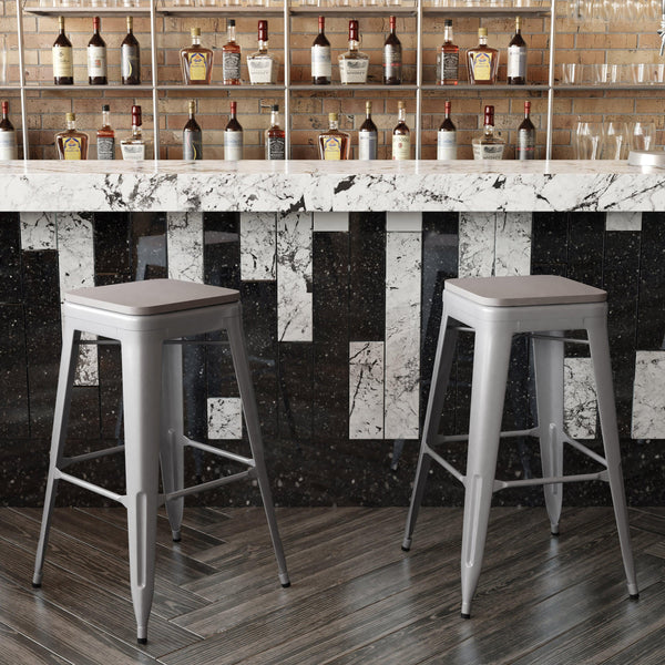 Gray Resin Wood Seat/Silver Frame |#| All-Weather Silver Commercial Backless Bar Stools-Gray Poly Seat-4 PK