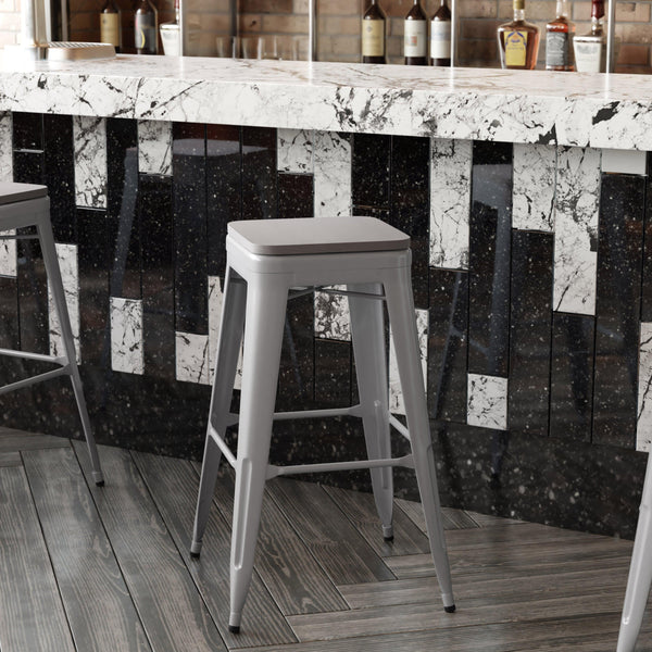Gray Resin Wood Seat/Silver Frame |#| All-Weather Silver Commercial Backless Bar Stools-Gray Poly Seat-4 PK