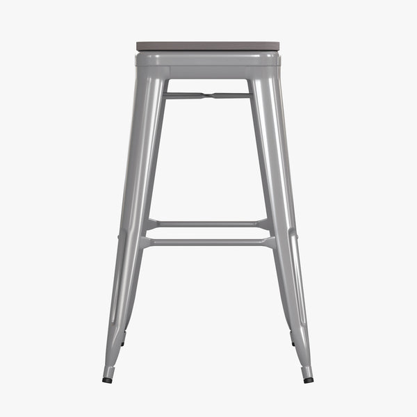 Gray Resin Wood Seat/Silver Frame |#| All-Weather Silver Commercial Backless Bar Stools-Gray Poly Seat-4 PK