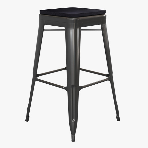 Black Resin Wood Seat/Black Frame |#| All-Weather Black Commercial Backless Bar Stools-Black Poly Seat-4 PK