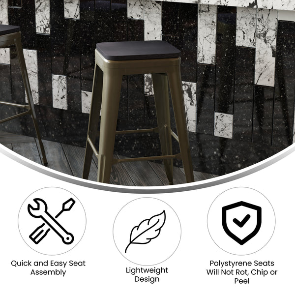 Black Resin Wood Seat/Gun Metal Frame |#| All-Weather GN Commercial Backless Bar Stools-Black Poly Seat-4 PK