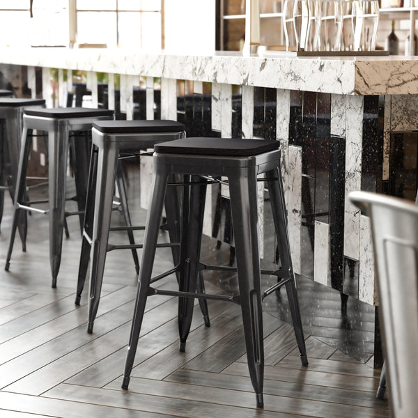 Black Resin Wood Seat/Black Frame |#| All-Weather Black Commercial Backless Bar Stools-Black Poly Seat-4 PK