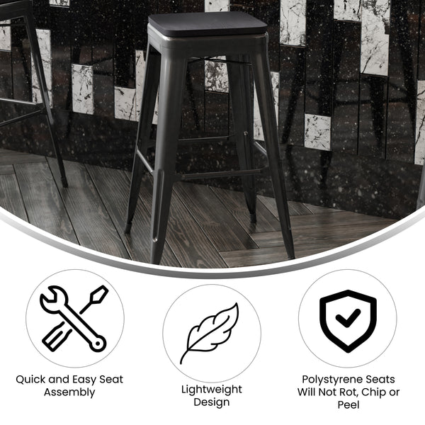 Black Resin Wood Seat/Black Frame |#| All-Weather Black Commercial Backless Bar Stools-Black Poly Seat-4 PK