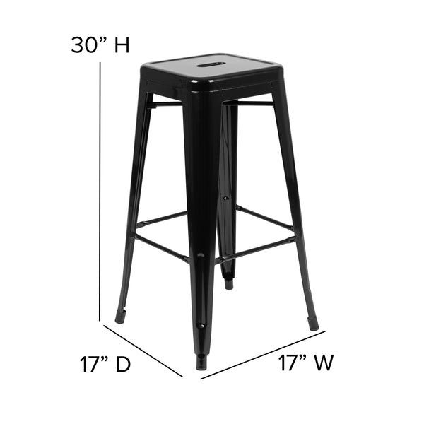 Black Resin Wood Seat/Black Frame |#| All-Weather Black Commercial Backless Bar Stools-Black Poly Seat-4 PK