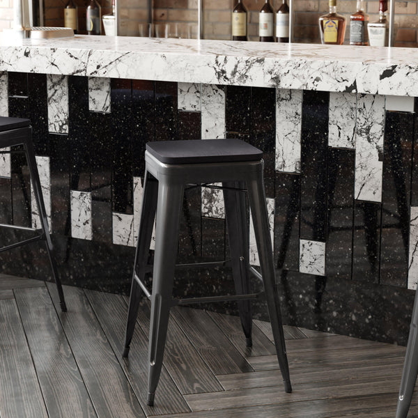 Black Resin Wood Seat/Black Frame |#| All-Weather Black Commercial Backless Bar Stools-Black Poly Seat-4 PK