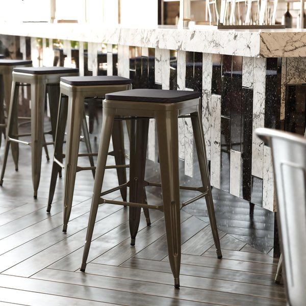 Black Resin Wood Seat/Gun Metal Frame |#| All-Weather GN Commercial Backless Bar Stools-Black Poly Seat-4 PK
