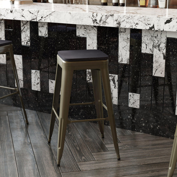 Black Resin Wood Seat/Gun Metal Frame |#| All-Weather GN Commercial Backless Bar Stools-Black Poly Seat-4 PK