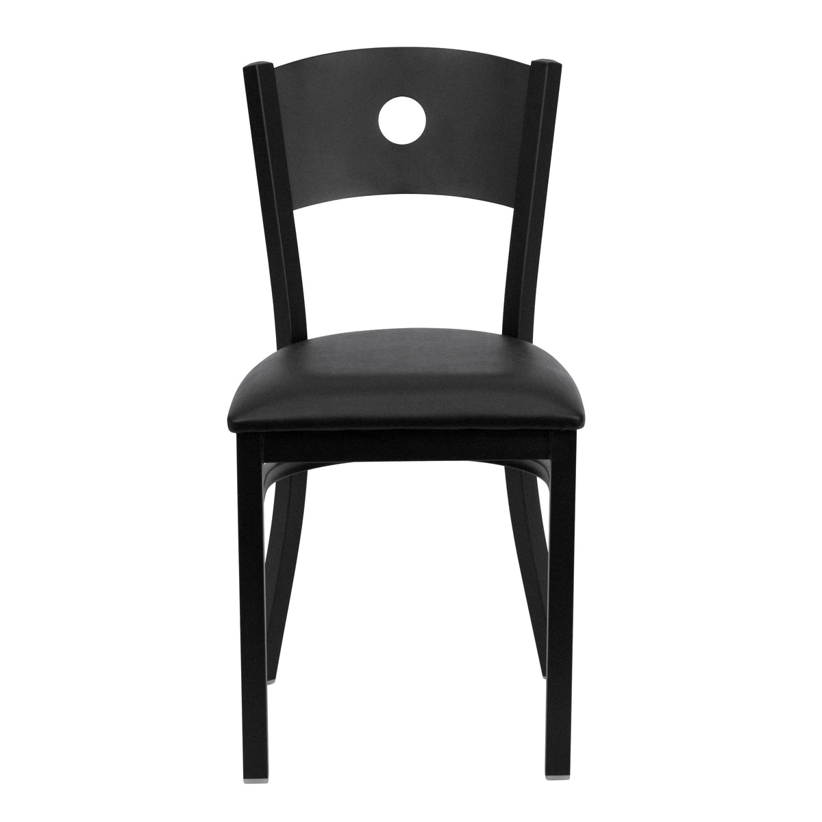 Black Vinyl Seat/Black Metal Frame |#| Black Circle Back Metal Restaurant Chair - Black Vinyl Seat