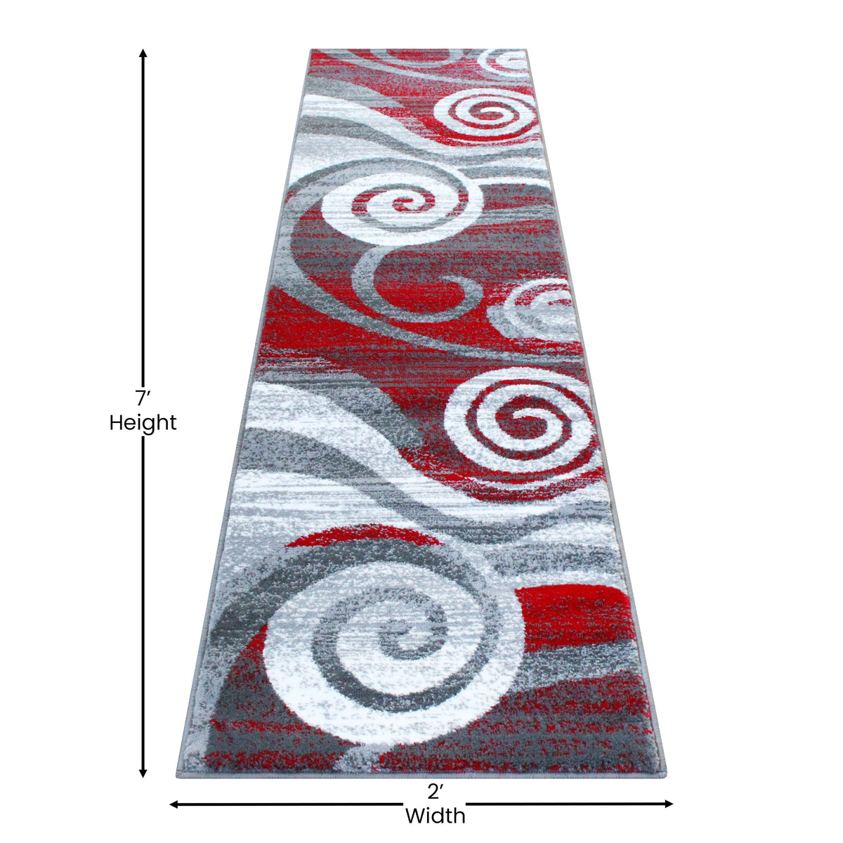 Red,2' x 7' |#| Modern Swirl Design Olefin Area Rug - Red, White, & Gray - 2' x 7'